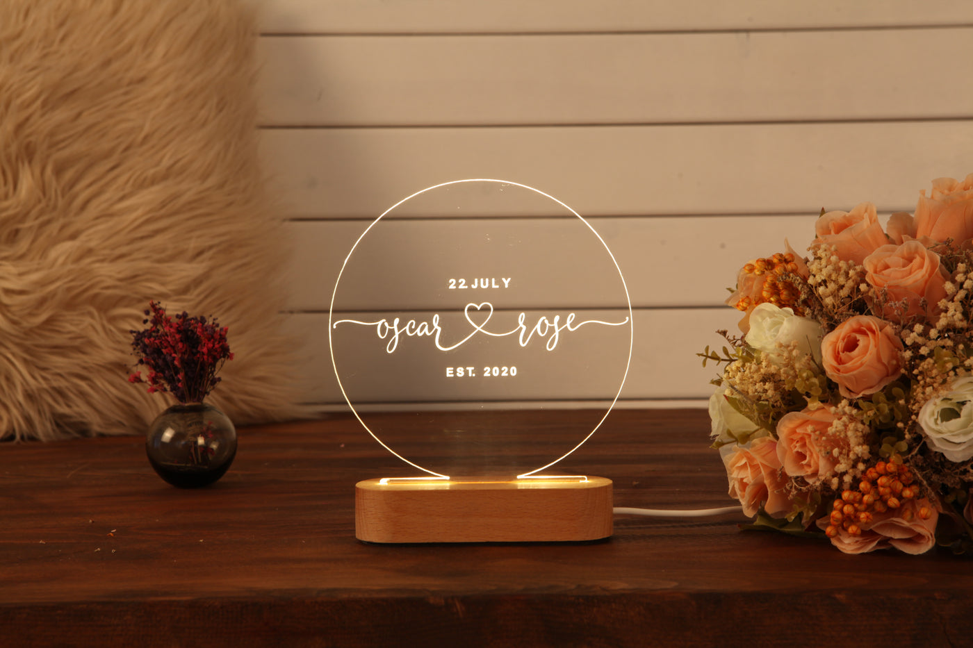 Personalized Couples Night Lamp - Names and Date - Round